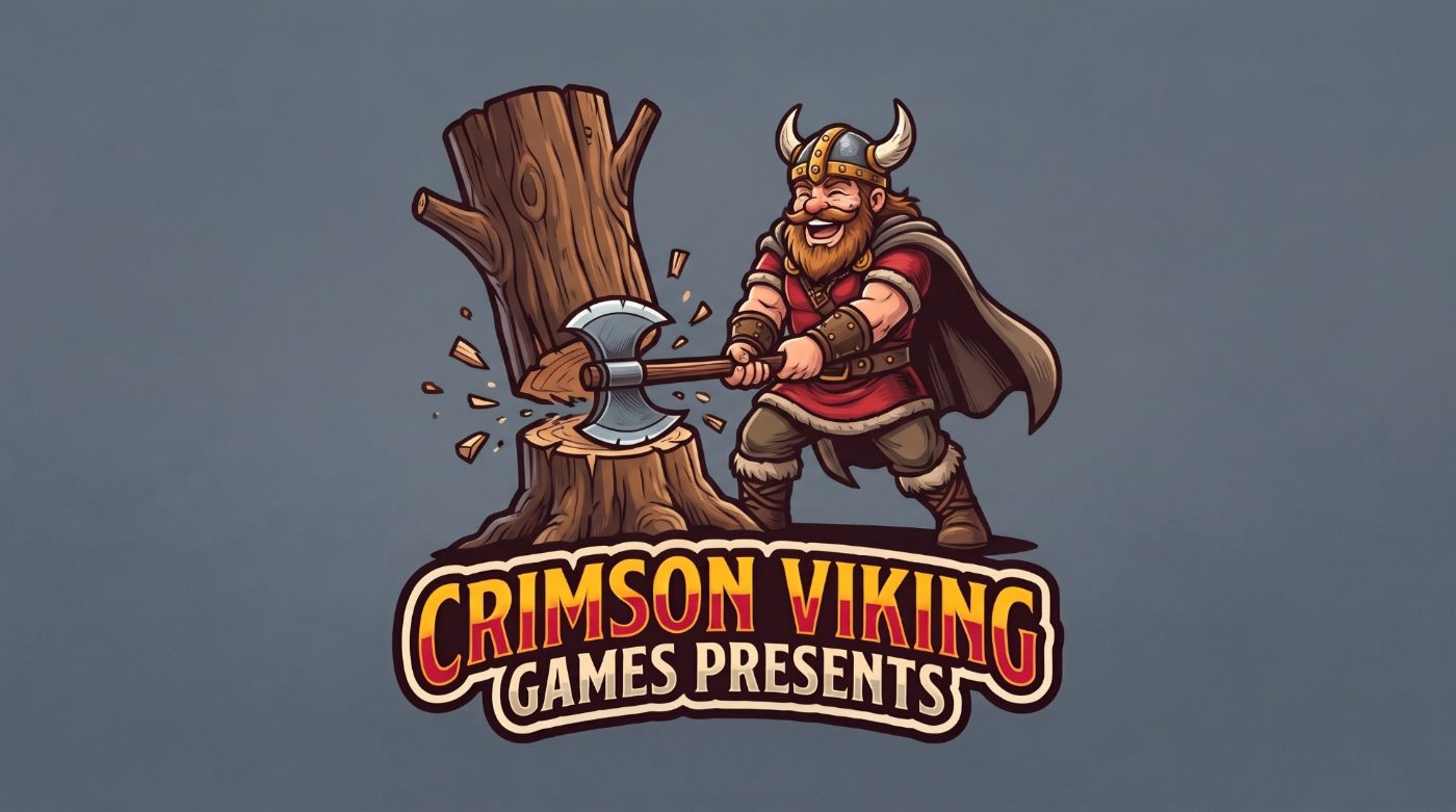 The Crimson Viking Games mascot, a laughing Viking, splitting a log with a giant axe